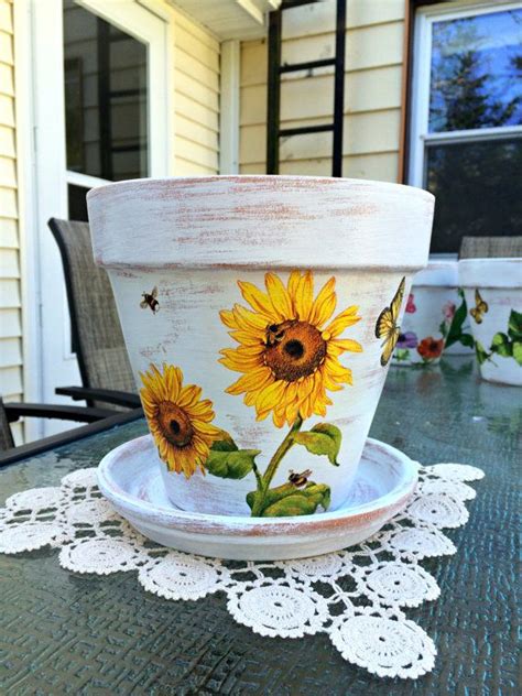 Painted Flower Pot Sunflower Decordecoupage Flower Pot Hand Painted