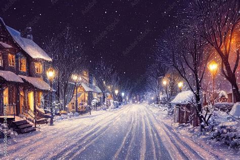 Winter Snowy Small Cozy Street With Lights In Houses Falling Snow Town