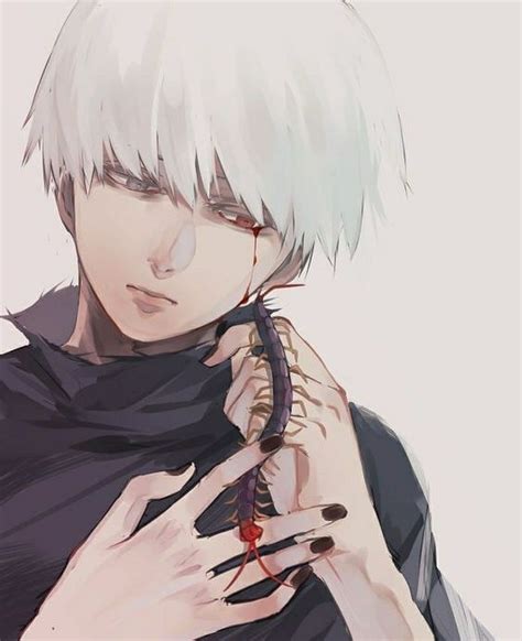 An Anime Character With White Hair And Black Shirt Holding A Snake In