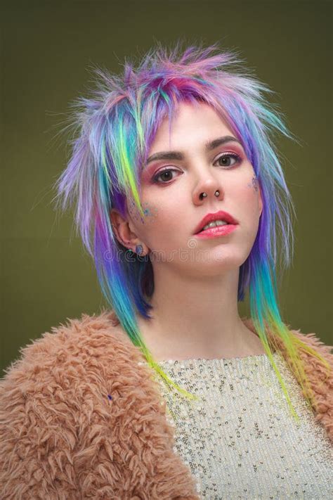 Portrait Of A Beautiful Young Girl With Dyed Colored Hair Hairstyle