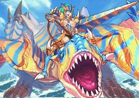 A Huntress In Full Tigrex Armor With A Tigrex Lance Riding A Tigrex