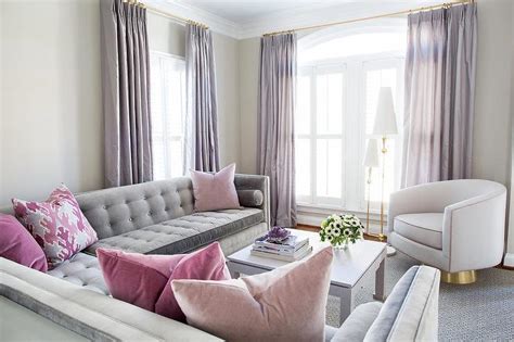 Gray And Pink Living Room With Purple Curtains