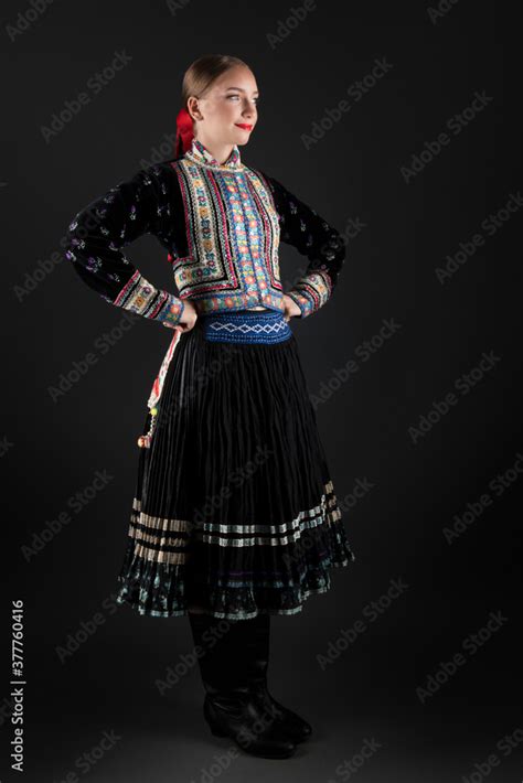 Beautiful Woman Wearing Traditional Eastern Europe Folk Costumes Slovak Folk Costumes Stock