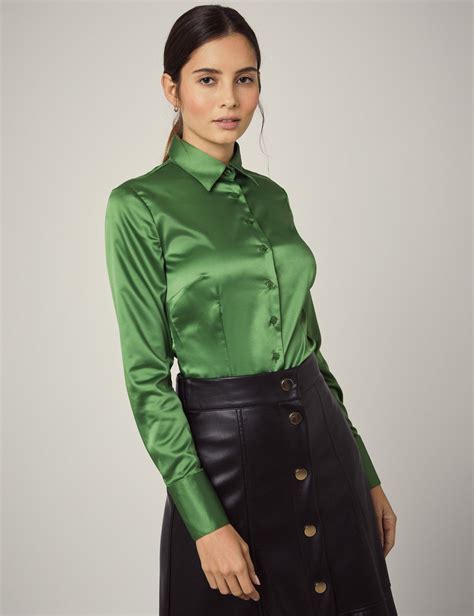 hawes and curtis women s cactus green fitted satin shirt single cuff satin blouses satin
