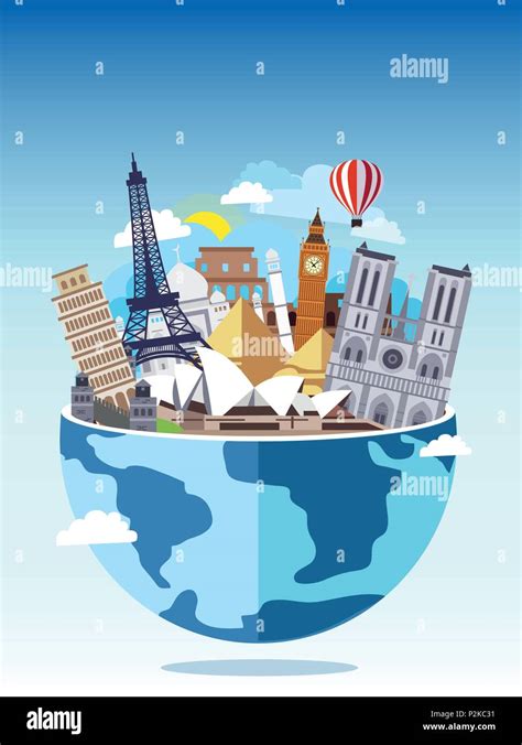 Travel Around The World Concept Tourism With Famous World Landmarks