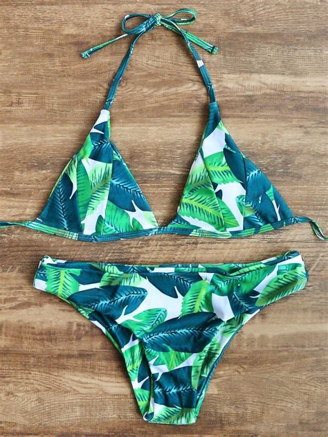 Palm Leaf Print Triangle Halter Top With Bikini Set Bikinis Leaf