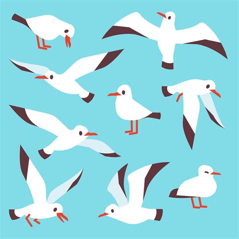 Cartoon Atlantic Seabird Seagulls Flying In Blue Sky Vector Set By