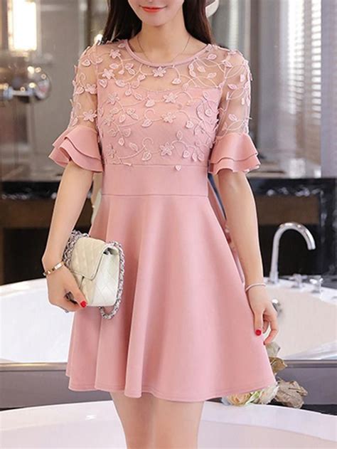 Casual Round Neck Decorative Lace Flounce Tiered Plain Skater Dress Trendy Party Dresses