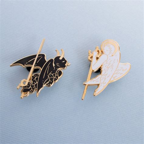 Angel And Demon Hard Enamel Pin Set Gold Black White Lapel Etsy