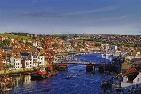 Aerial View Of Whitby Town And Harbor Looking Inland North Yorkshire