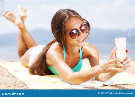 Girl Taking Selfie On A Beach Stock Image Image Of Hair Body 117983545