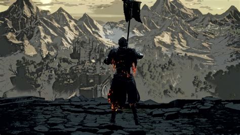 Dark Souls Warrior Back View With Flag Seeing Snow Covered Mountain Hd