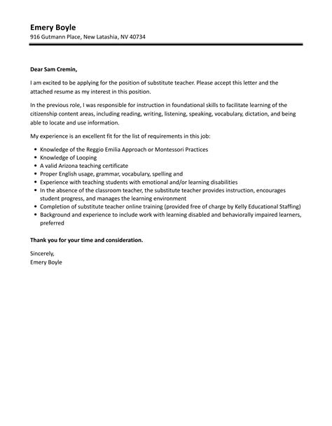 Substitute Teacher Cover Letter Velvet Jobs