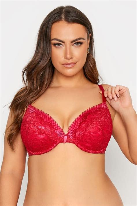 Plus Size Red Lace Padded Underwired Plunge Bra Yours Clothing