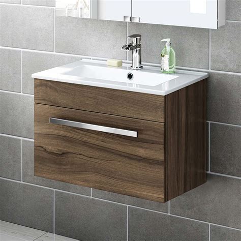 600 Mm Walnut Vanity Sink Unit Ceramic Basin Wall Hung Bathroom