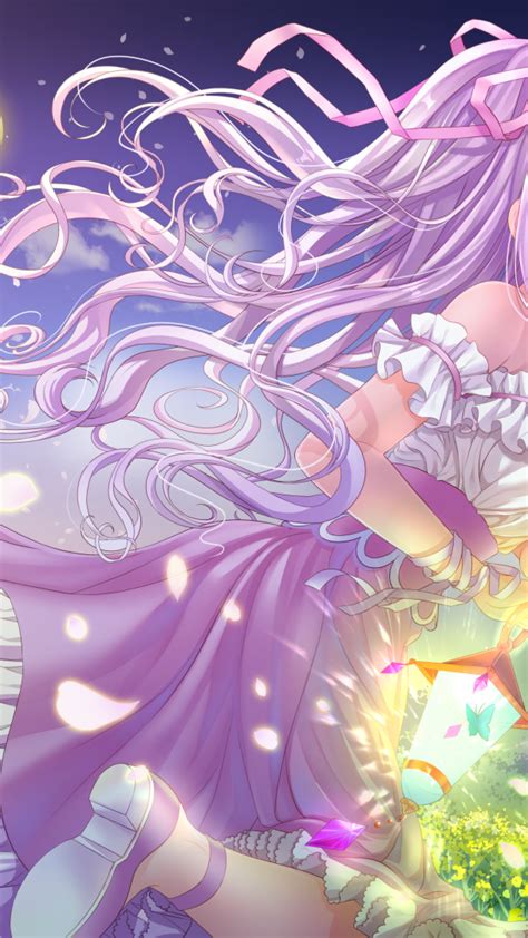 Download 1080x1920 Anime Girl Purple Hair Moon Petals
