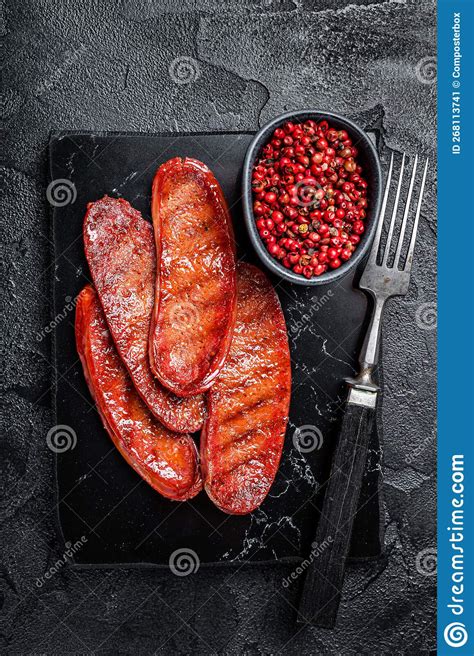 Fried On Grill Sucuk Beef Meat Sausage Black Background Stock Image