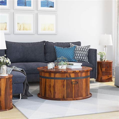 Round glass coffee tables with geometric brass base: Friant Rustic Solid Wood Top Open Storage Round Coffee Table