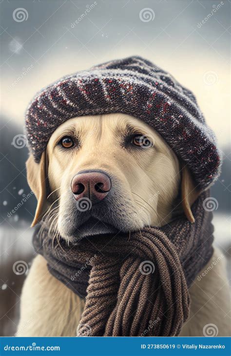 Portrait Of A Labrador Dog In A Hat And Scarf Ai Generated Stock Image