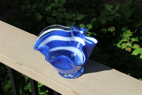 Brilliant Blue Floppy Bowl With A White Swirl Hand Blown Glass Veteran Made Glassblowing Hand