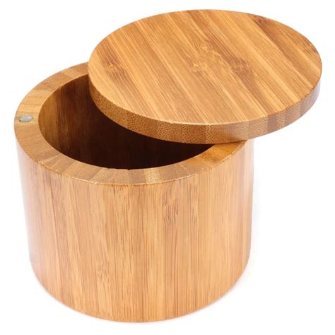 Natural Round Salt Box Bamboo Spice Jar Container Wooden Modern Kitchen
