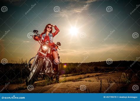 Biker Girl Sitting On Motorcycle Stock Photo Image Of Posing Lady