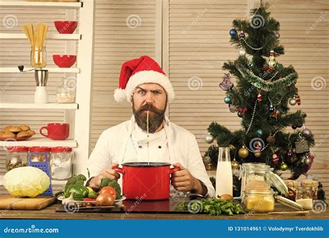 Chef Man In Santa Claus Hat Cooking Stock Image Image Of Menu Meal