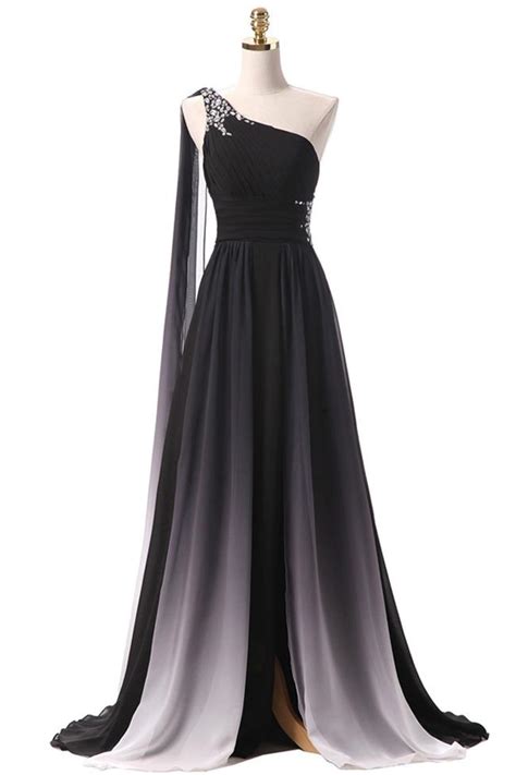 Black Ombre Chiffon One Shoulder Long Prom Dresses Formal Fancy Evening