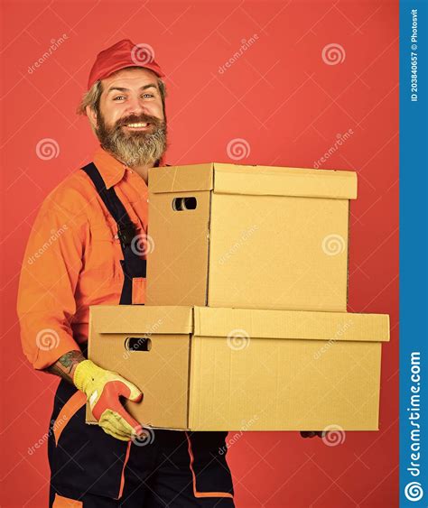 New Home Unpacking Moving Boxes Moving Day Bearded Man Courier Hold