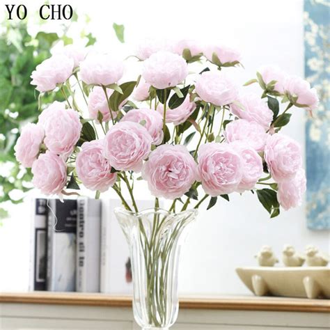 yo cho 3 heads branch silk peony artificial flower roses pink