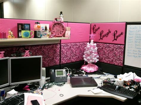 Cubicle Office Decor With Pink Nuance And Small White Christmas F Tree