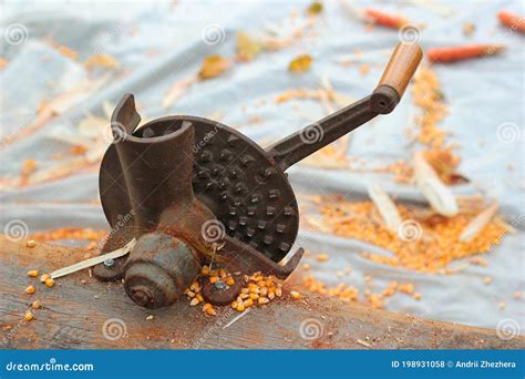 Old Manual Corn Shucker Stripping And Shelling Of Corn Cobs Stock