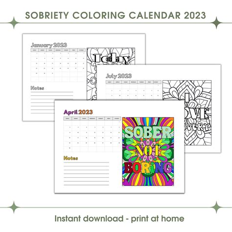 Sobriety Calendar 2023 Printable Sober Quotes Adult Coloring Etsy