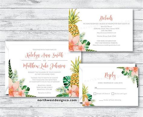 two pineapples and watercolor flowers are on top of this tropical wedding suite