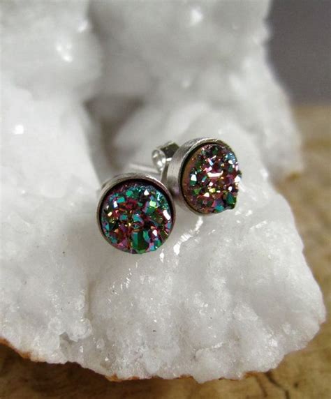 Tiny Druzy Earrings Peacock Drusy Quartz Studs Rhodium Plated Sterling