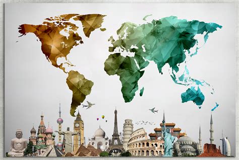Large Color World Map Vector With Monuments Leather Printlarge Wall