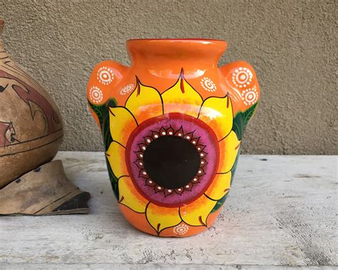 Mexican Pottery Vase With Sunflower Orange Decor Mexican Folk Art