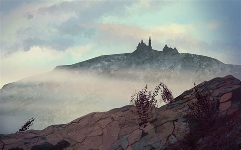 Download Wallpaper 2560x1600 Hill Castle Fog Mountains Art