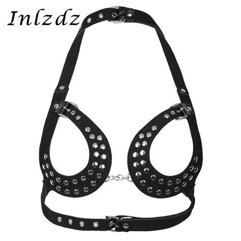 Womens Erotic Lingerie Sex Bra Leather Body Chain Harness Bra Belt With Buckles Rivets Open Cup