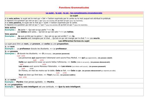 Cours Les Fonctions Grammaticales Cours et Exercices Corrigés