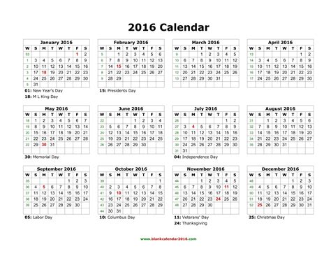 2016 Yearly Calendar With Holidays Printable Calendar Template 2019