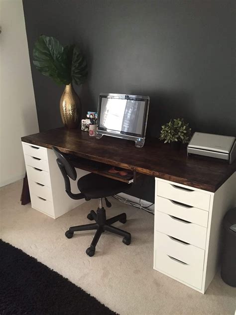 Just a linnmon desk top with four hairpin legs screwed on underneath. Office desk with IKEA ALEX drawer units as base | Home office furniture, Home office desks, Home ...