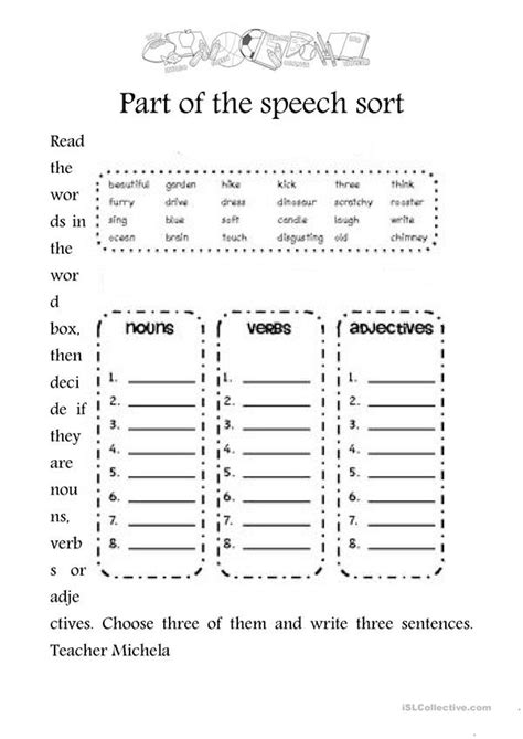 Part Of The Speech Sort Worksheet Free Esl Printable Worksheets Made