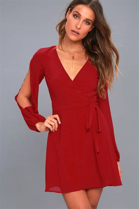 Cute Wine Red Wrap Dress Cold Shoulder Dress Lulus