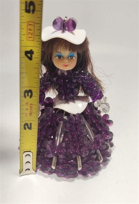 Vintage Safety Pin Beaded Doll Brunette With Purple Dress And Hat