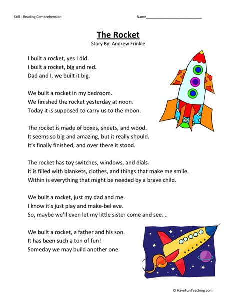 Text for students who are reading at a third grade reading level. Reading Comprehension Worksheet - The Rocket