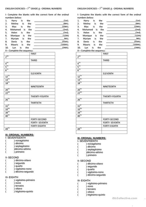 Exercice comptabilité générale passer les écritures du règlement et de la régularisation de la créance, tutoriel & guide de travaux pratiques en pdf. Ordinal Numbers - Exercises - English ESL Worksheets for ...