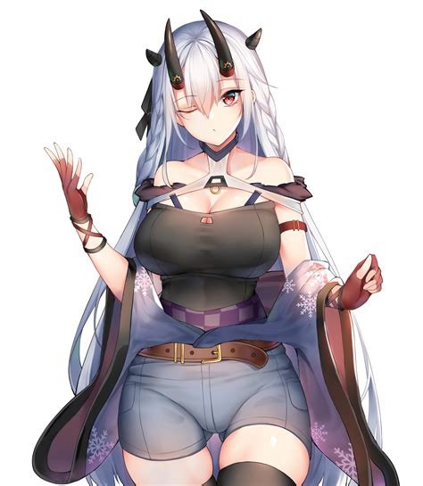 Horns Anime Girls Original Characters Anime Oni Girl Red Eyes Silver Hair Chixiao Wink