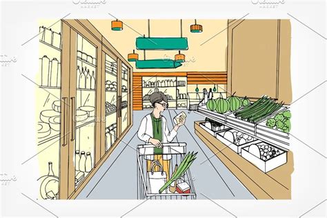 Set Of Supermarket Interior Supermarket Hand Drawn Vector