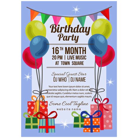 Flat Style Birthday Party Poster Template With Balloon Flag Present Box